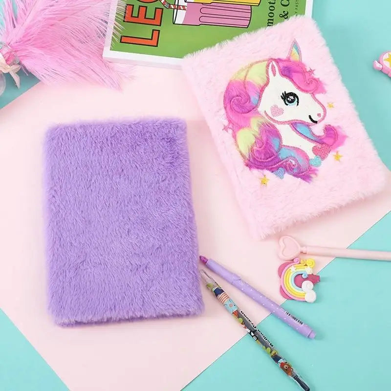 Kawaii Plush Unicorn Diary with Pastel Rainbow Embroidery - journal