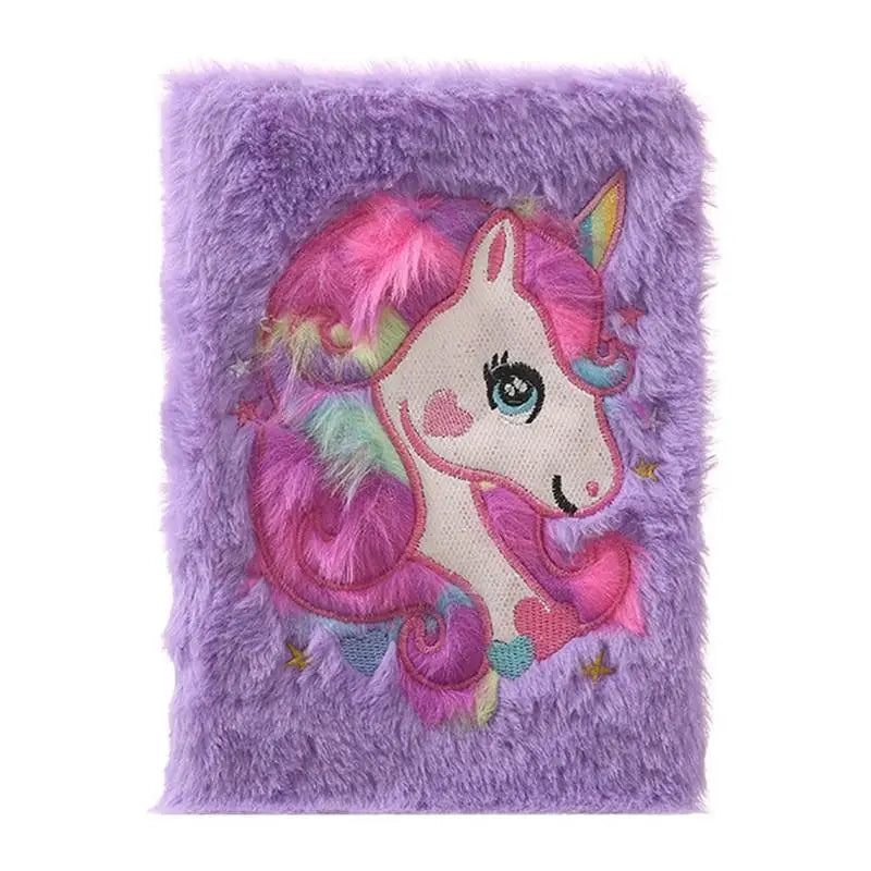 Kawaii Plush Unicorn Diary with Pastel Rainbow Embroidery - Purple - journal