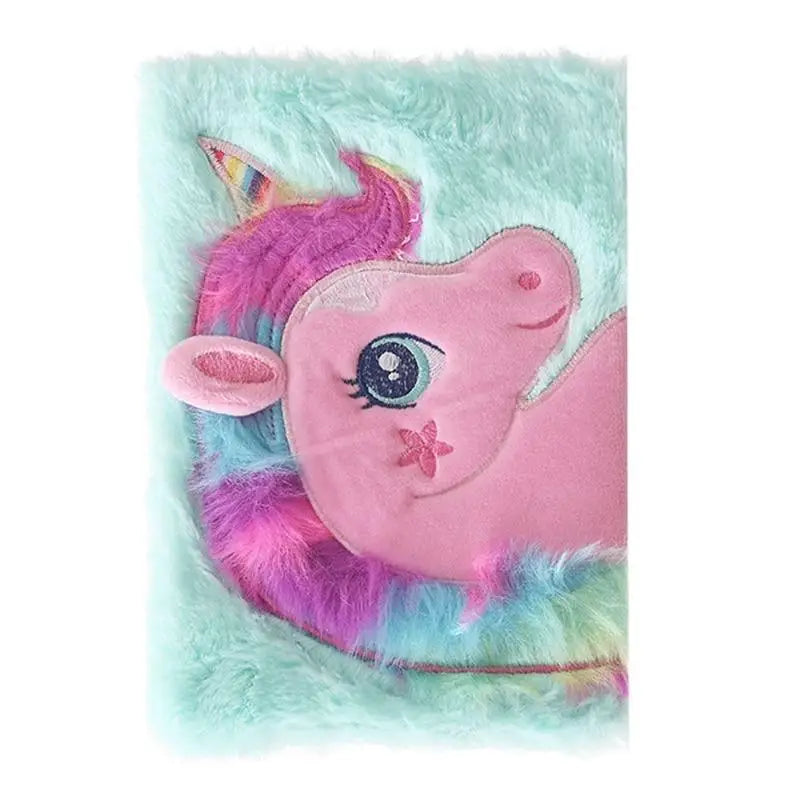 Kawaii Plush Unicorn Diary with Pastel Rainbow Embroidery - Blue - journal