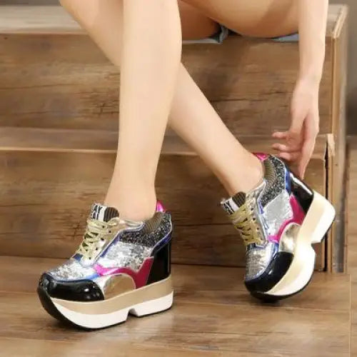 sequin platform sneakers shoes lace up sneaks athletic wedge harajuku japan fashion by Cosparty