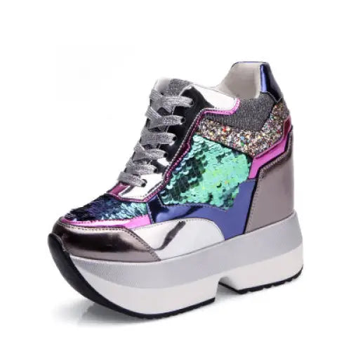 sequin platform sneakers shoes lace up sneaks athletic wedge harajuku japan fashion by Cosparty