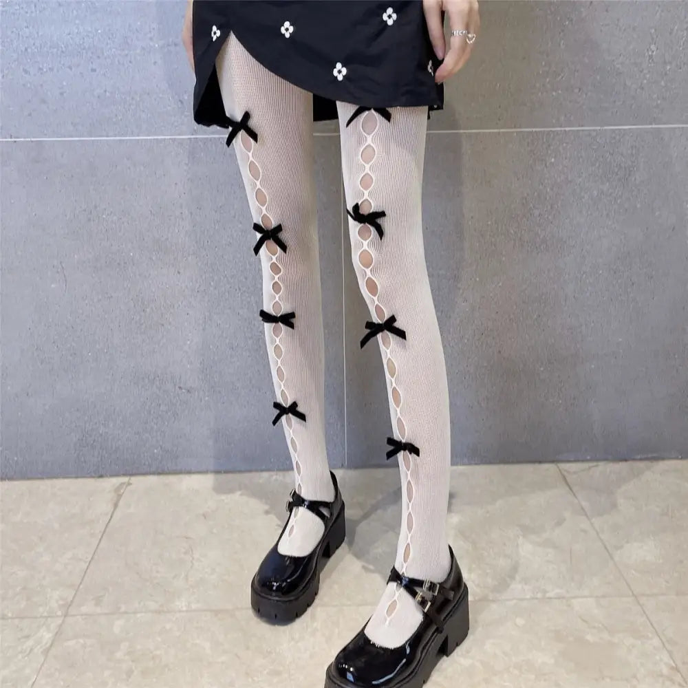 Kawaii Ribbon Embellished Fishnet Tights for Cosparties and Gothic Style - Socks