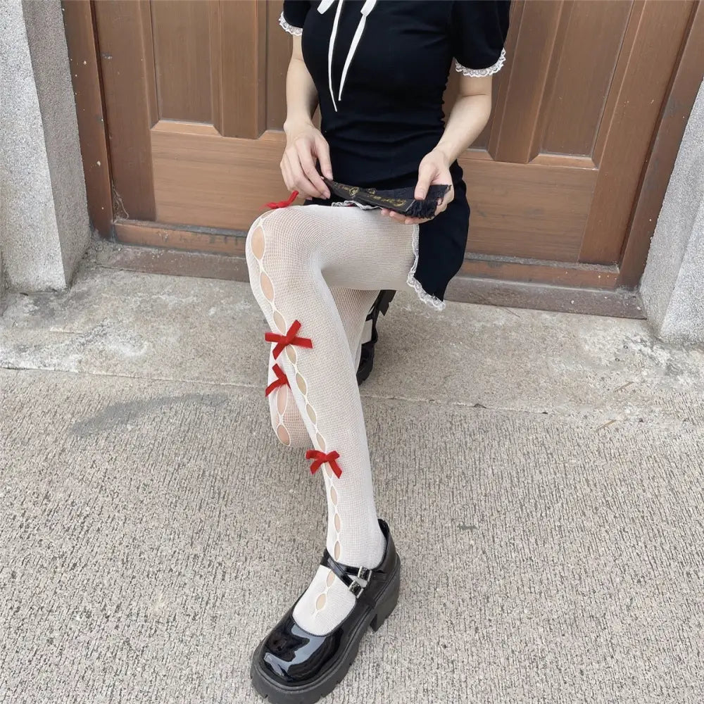 Kawaii Ribbon Embellished Fishnet Tights for Cosparties and Gothic Style - Socks