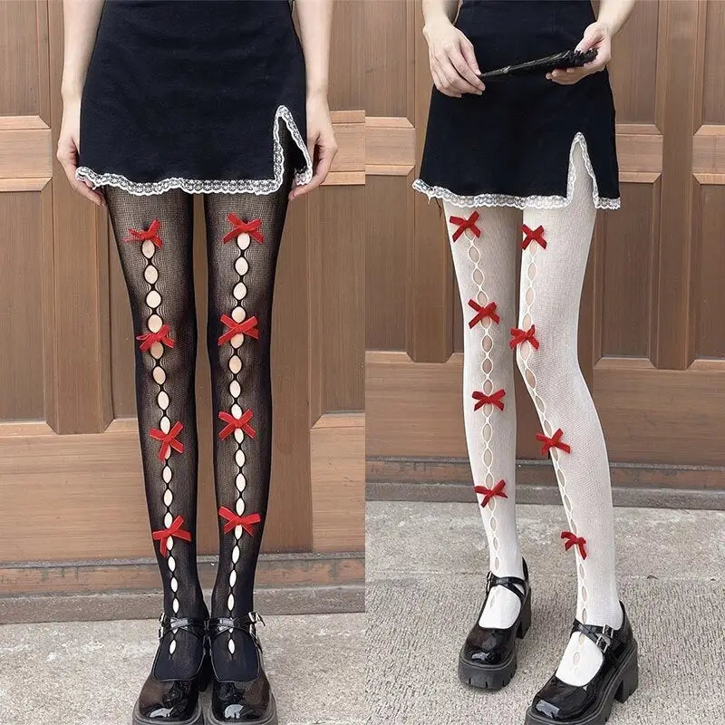 Kawaii Ribbon Embellished Fishnet Tights for Cosparties and Gothic Style - Socks