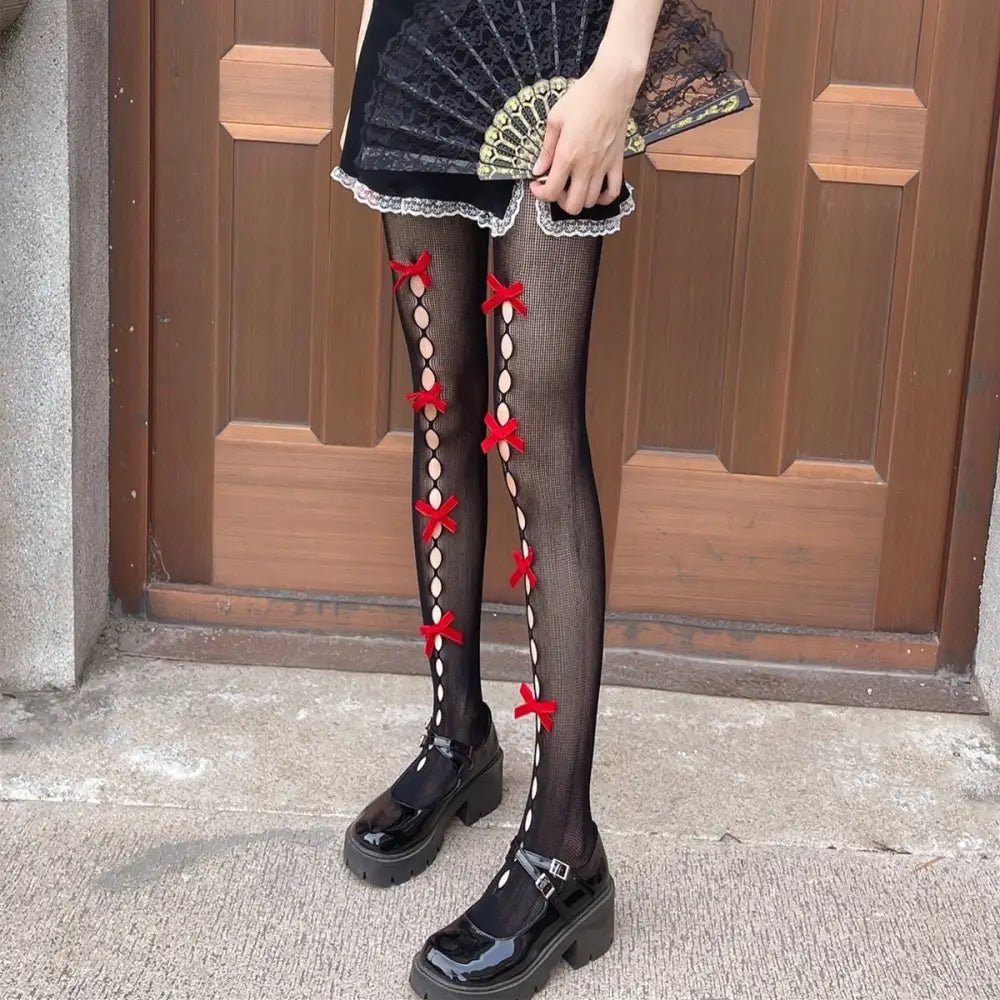 Kawaii Ribbon Embellished Fishnet Tights for Cosparties and Gothic Style - Cosparty
