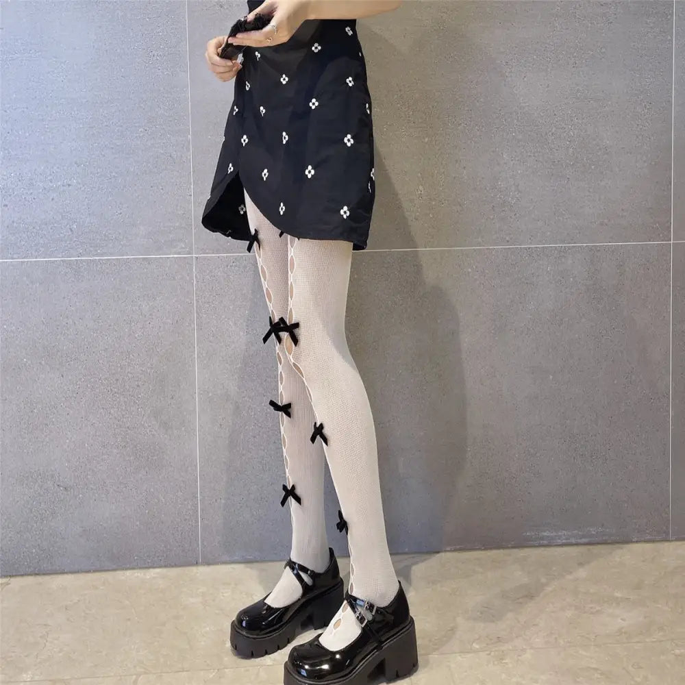 Kawaii Ribbon Embellished Fishnet Tights for Cosparties and Gothic Style - Cosparty