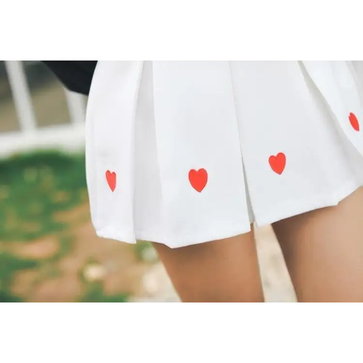 Kawaii School Girl Tennis Skirt with Heart Embroidery Details - skirt