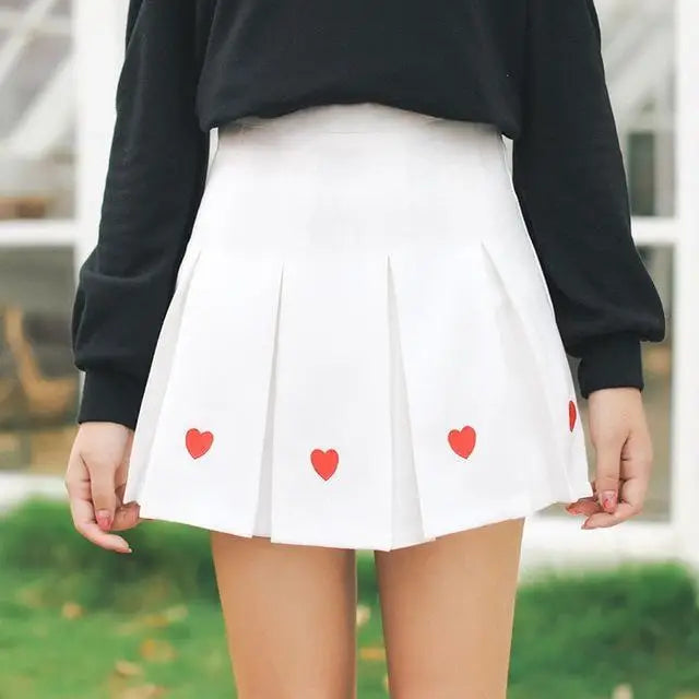 White Pleated Heart Tennis Skirt Embroidered Harajuku Kawaii Fashion