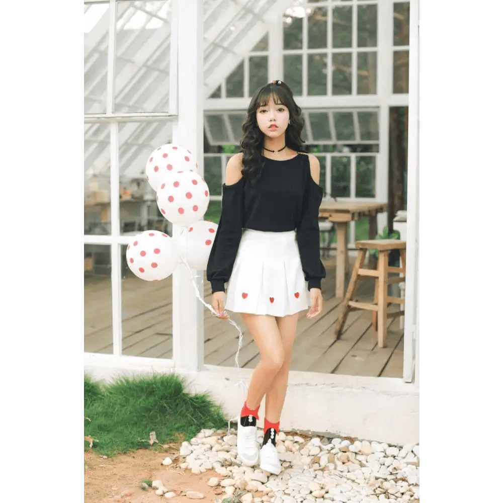 Kawaii School Girl Tennis Skirt with Heart Embroidery Details - Cosparty