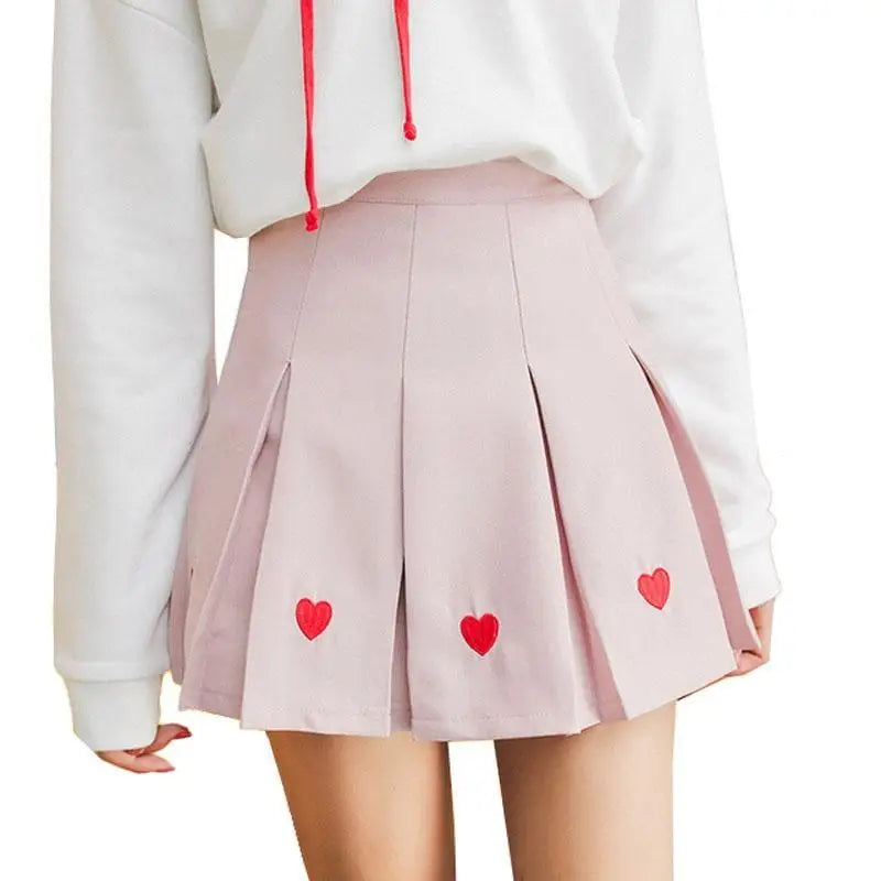 Kawaii School Girl Tennis Skirt with Heart Embroidery Details - skirt