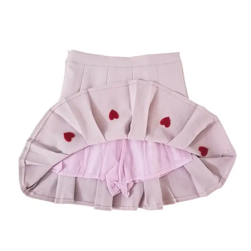 Kawaii School Girl Tennis Skirt with Heart Embroidery Details - skirt