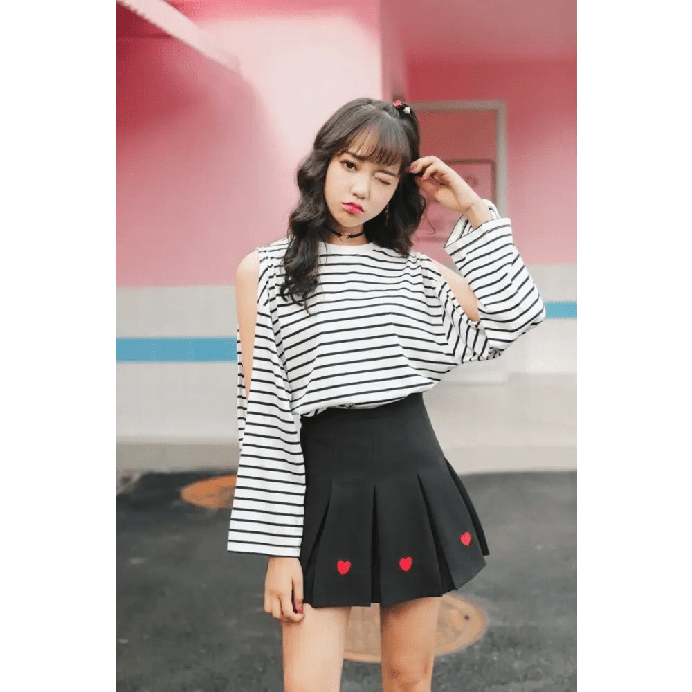 Kawaii School Girl Tennis Skirt with Heart Embroidery Details - Cosparty