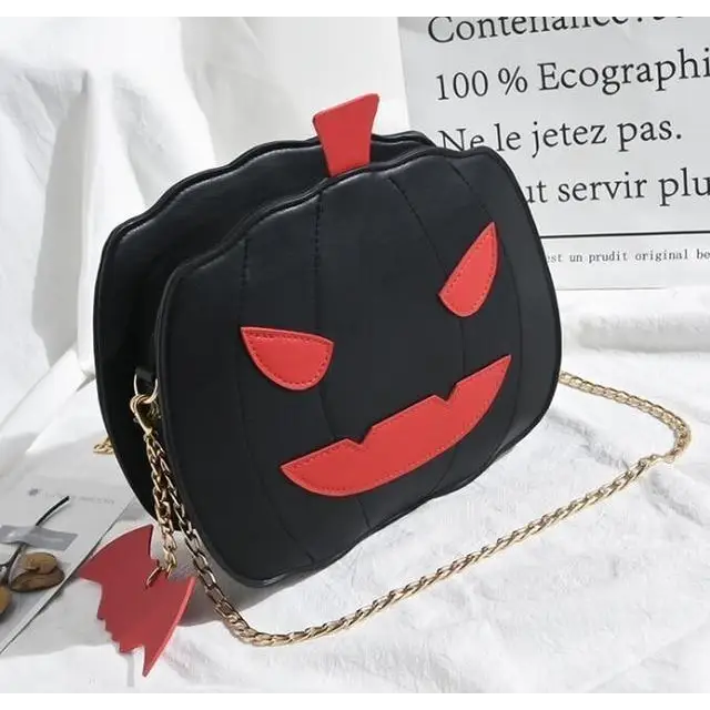 Black Spooky Pumpkin Halloween Purse Handbag Creepy Cute Gothic Bag With Bat Keychain