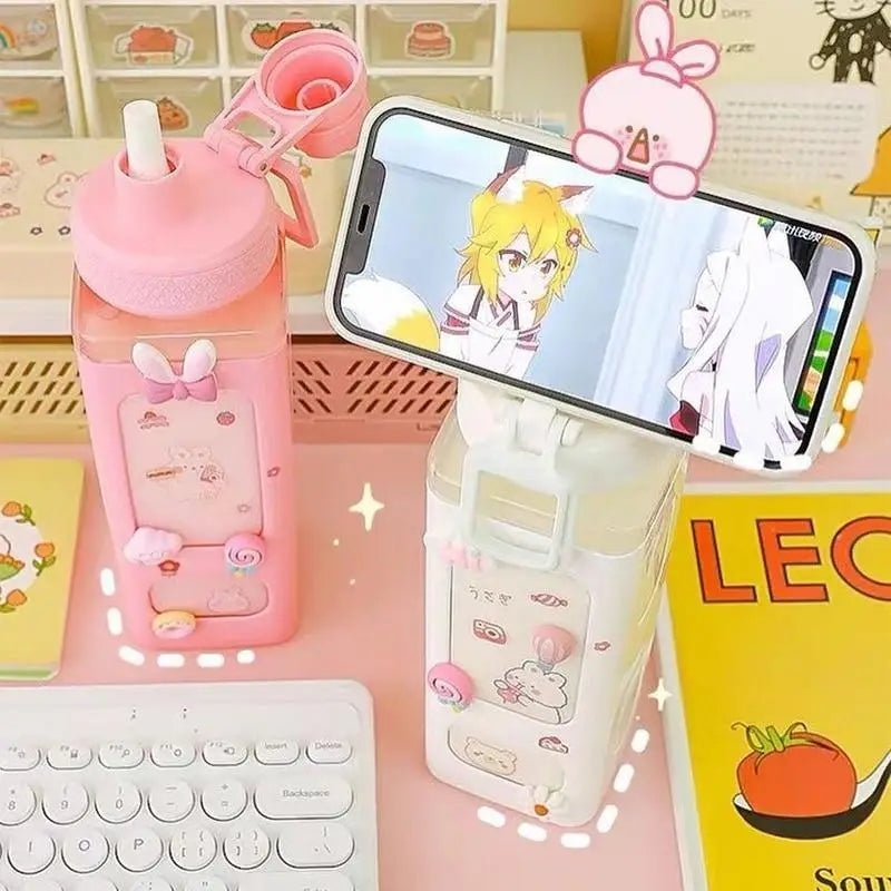 Kawaii Square Bunny and Bear Water Bottles for Stylish Hydration - bottle