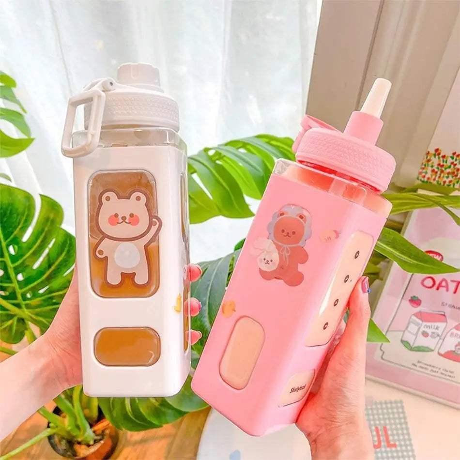 Kawaii Square Bunny and Bear Water Bottles for Stylish Hydration - bottle