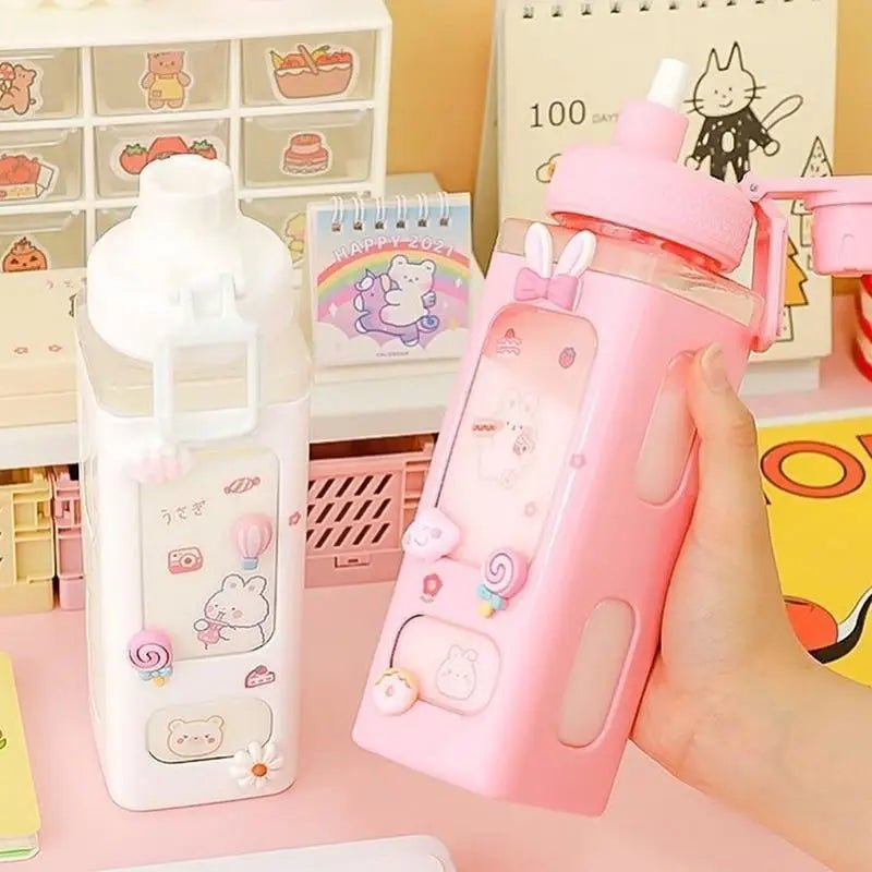 Kawaii Square Bunny and Bear Water Bottles for Stylish Hydration - Cosparty