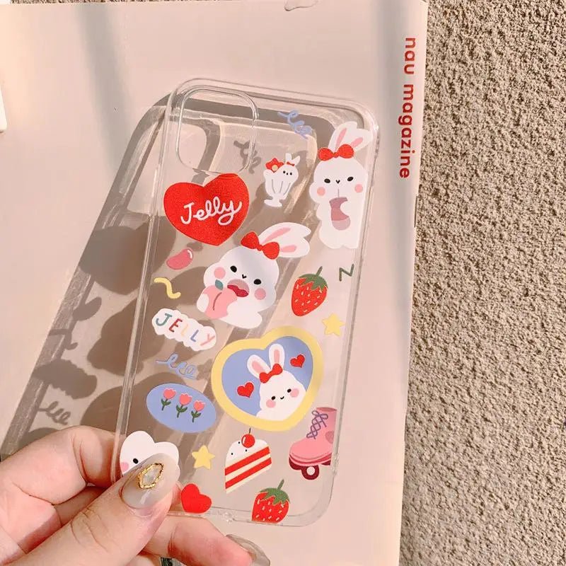 Kawaii Strawberry iPhone Case in Transparent Jelly Pink Chibi Moon Design - Cosparty