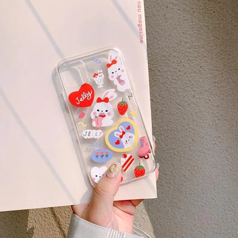 Kawaii Strawberry iPhone Case in Transparent Jelly Pink Chibi Moon Design - Cosparty