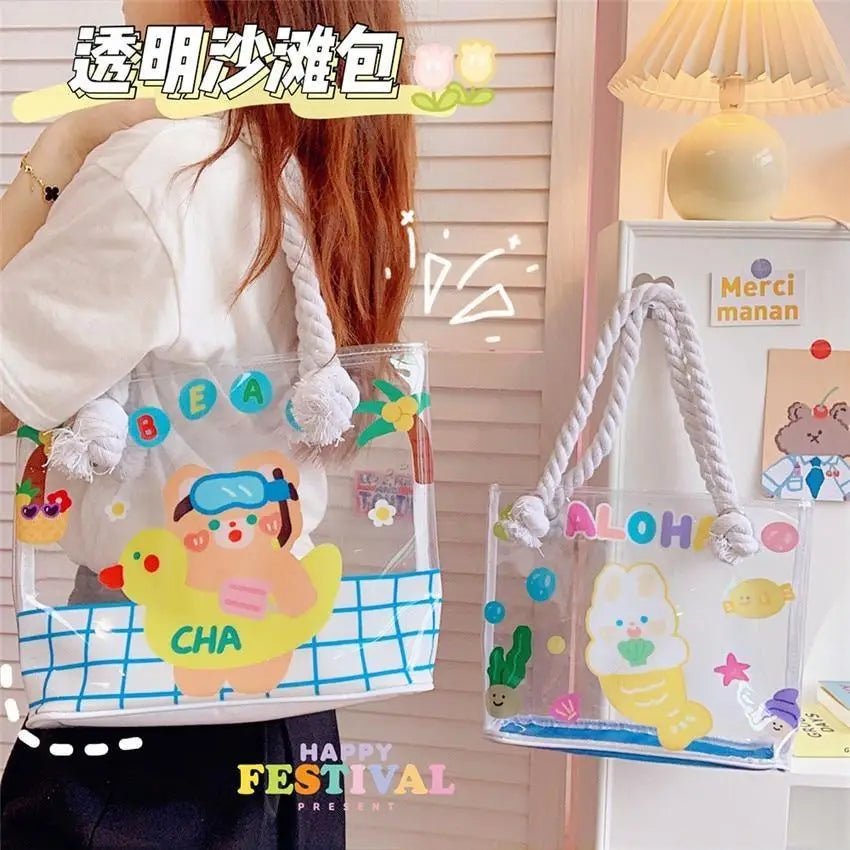 Kawaii Summer Beach Tote Bag in New Condition with Cute Animal Designs - Cosparty