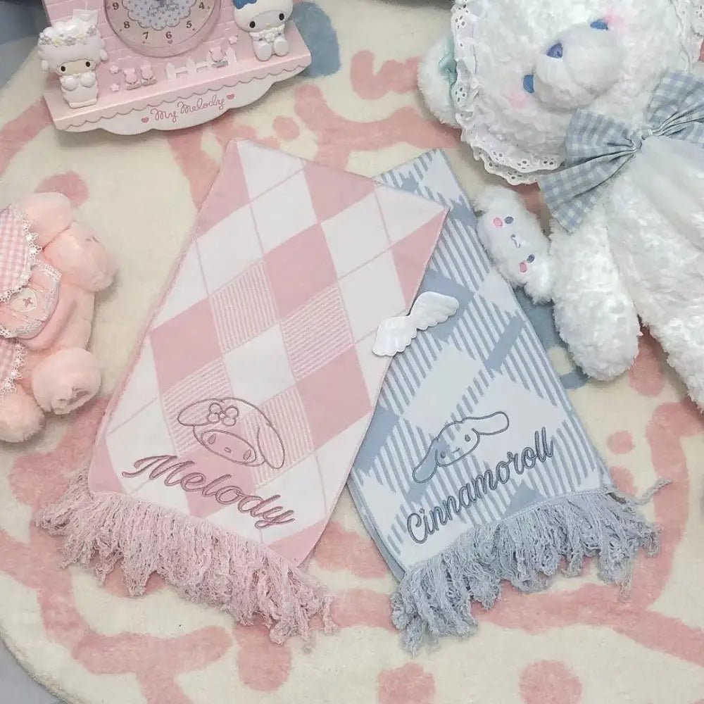 Kawaii Tartan Scarves in Blue Cinnamoroll and Pink My Melody Patterns - Cosparty