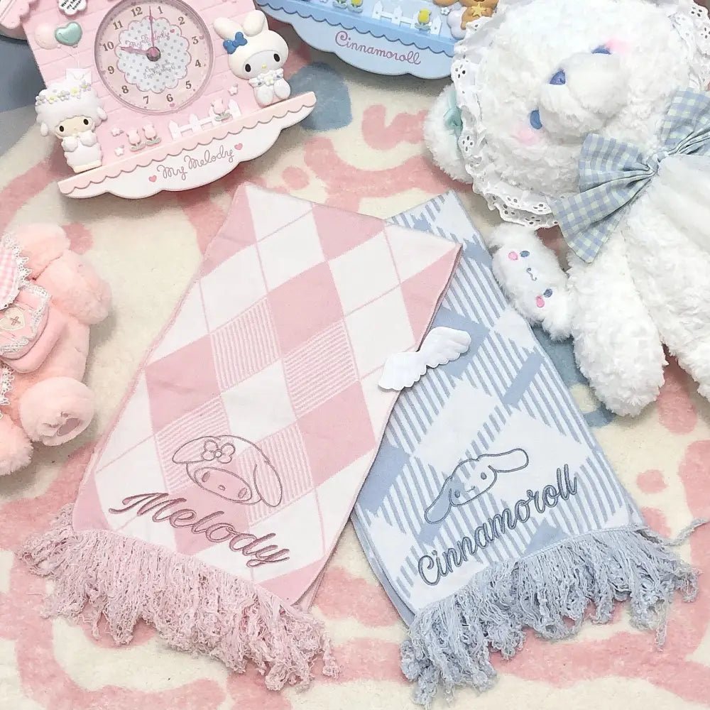 Kawaii Tartan Scarves in Blue Cinnamoroll and Pink My Melody Patterns - Cosparty