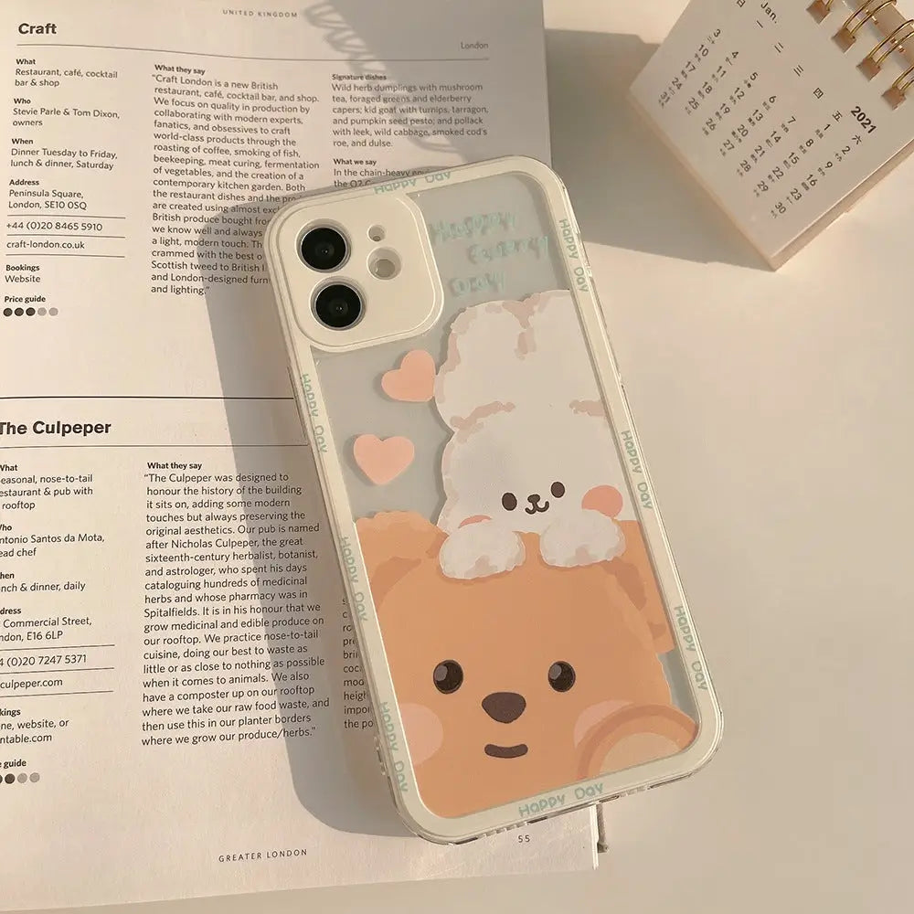 Kawaii Teddy Bear and Bunny Rabbit iPhone Case with Happy Every Day Design - Phone Case