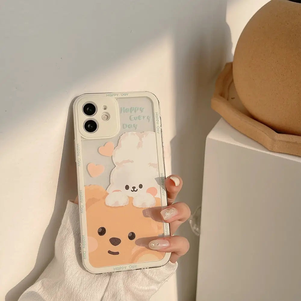 Kawaii Teddy Bear and Bunny Rabbit iPhone Case with Happy Every Day Design - Phone Case