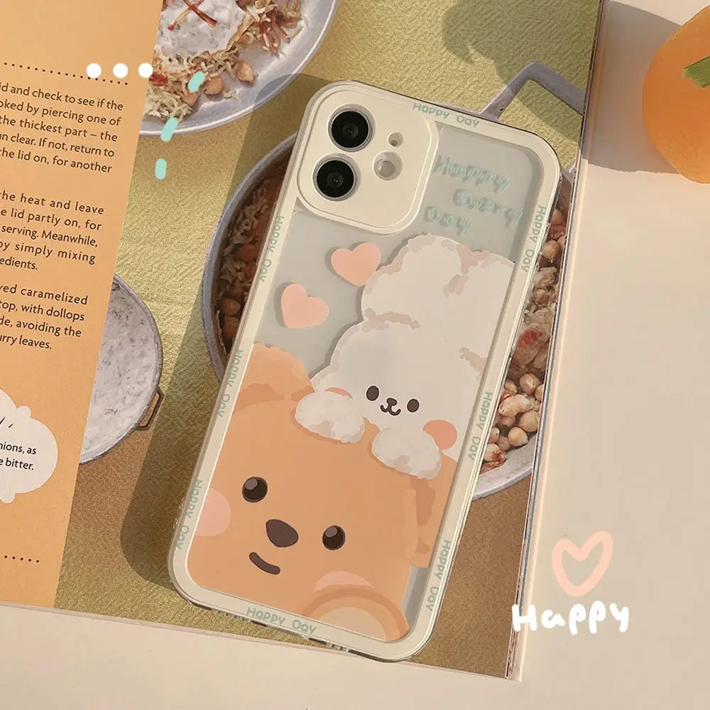 Kawaii Teddy Bear and Bunny Rabbit iPhone Case with Happy Every Day Design - Phone Case