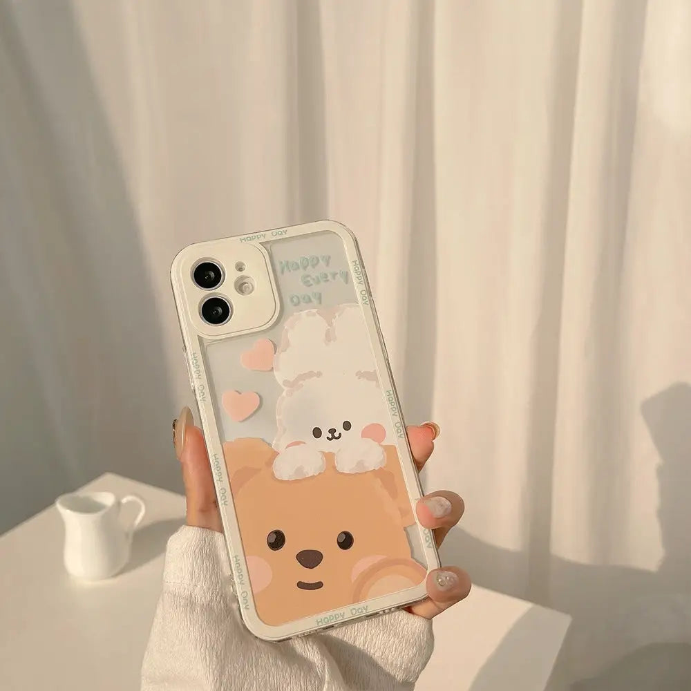 Kawaii Teddy Bear and Bunny Rabbit iPhone Case with Happy Every Day Design - Phone Case