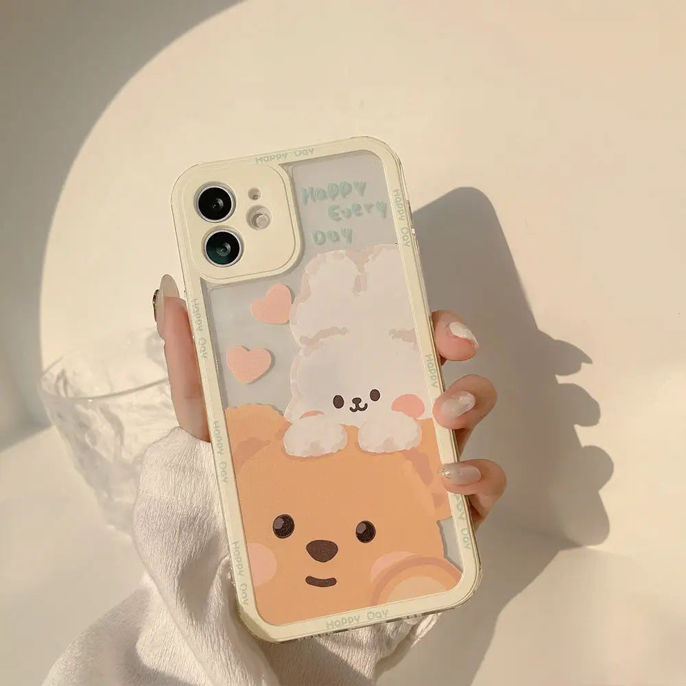 Kawaii Teddy Bear and Bunny Rabbit iPhone Case with Happy Every Day Design - Phone Case