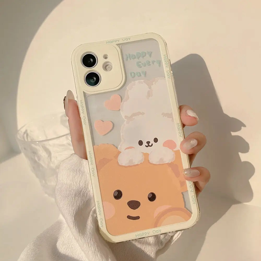 Kawaii Teddy Bear and Bunny Rabbit iPhone Case with Happy Every Day Design - Phone Case