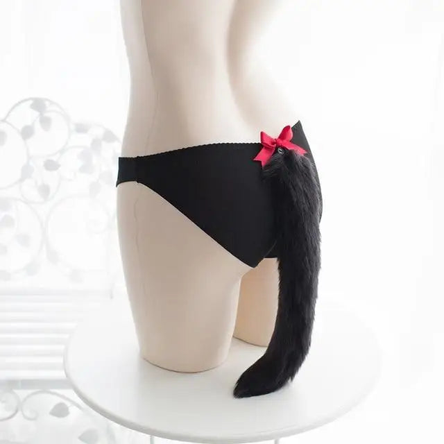 Kitten Tail Open Crotch Panties - Black - underwear