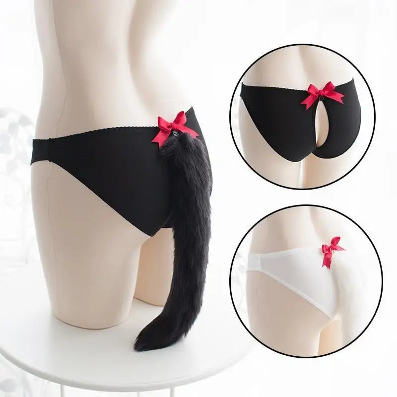 Kitten and Puppy Tail Inspired Cute Panties with Removable Bow - underwear