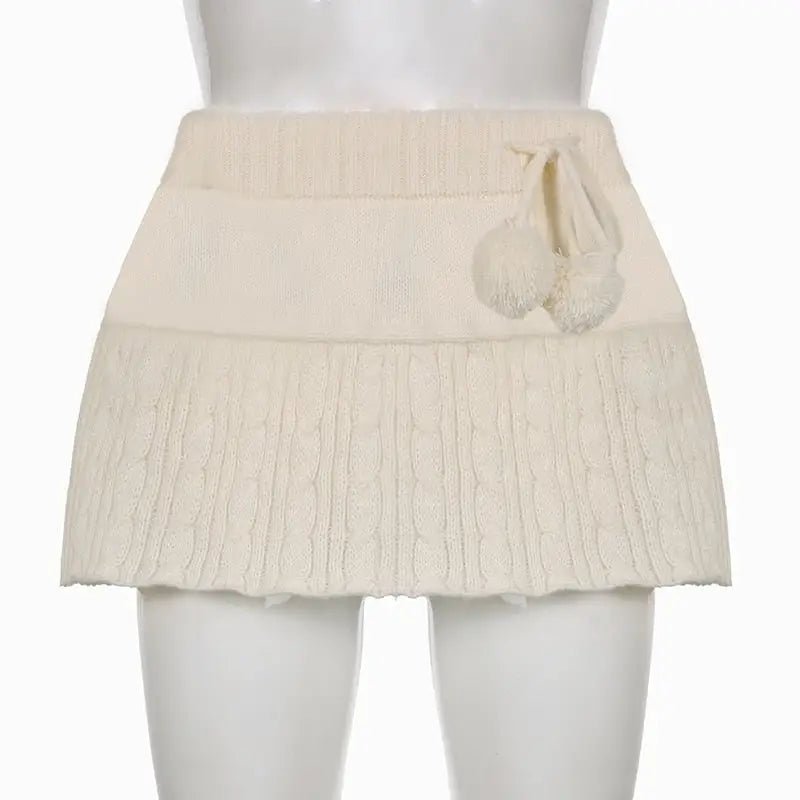Knit Beige Pompom Skirt for Angelcore and Fairycore Styles - Cosparty