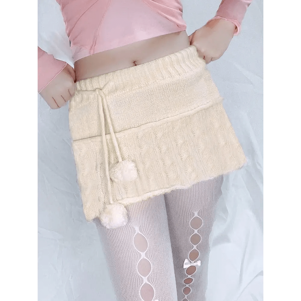 Knit Beige Pompom Skirt for Angelcore and Fairycore Styles - Cosparty