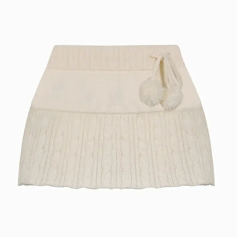 Knit Beige Pompom Skirt for Angelcore and Fairycore Styles - skirt