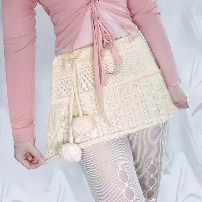 Knit Beige Pompom Skirt for Angelcore and Fairycore Styles - Cosparty