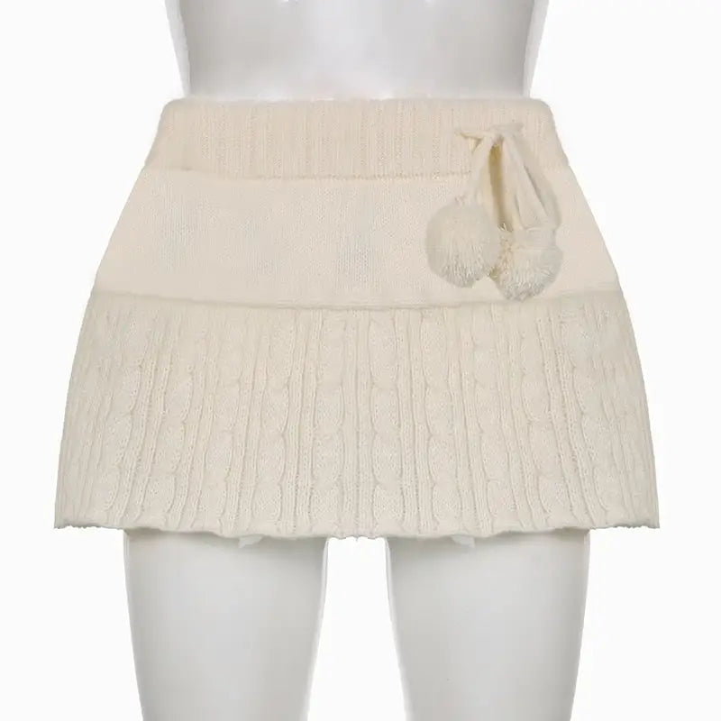 Knit Beige Pompom Skirt for Angelcore and Fairycore Styles - skirt