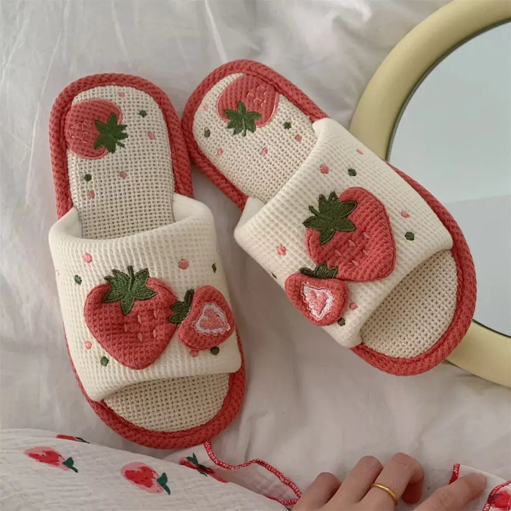 Knit strawberry slides - embroidery - fuzzy slippers - slides - strawberries