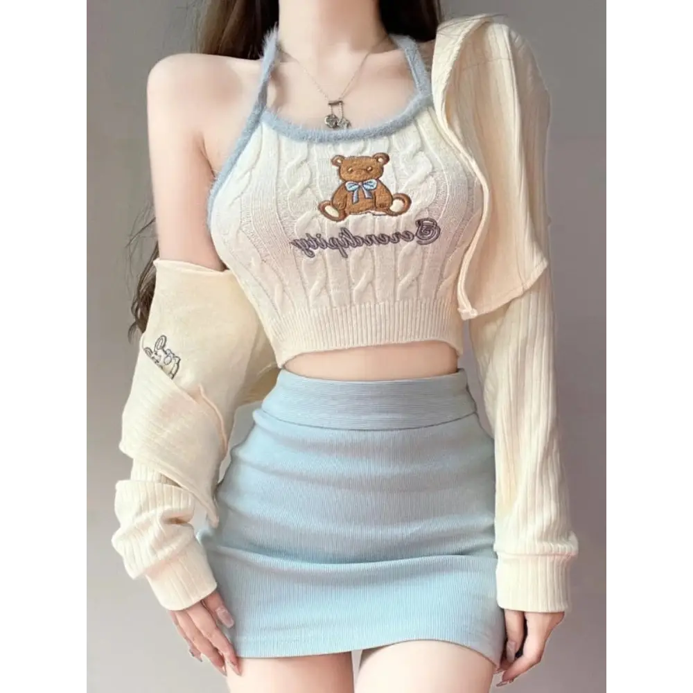 Knit Teddy Crop Top - crochet, embroidered, embroidery, knit, knit top Cosparty