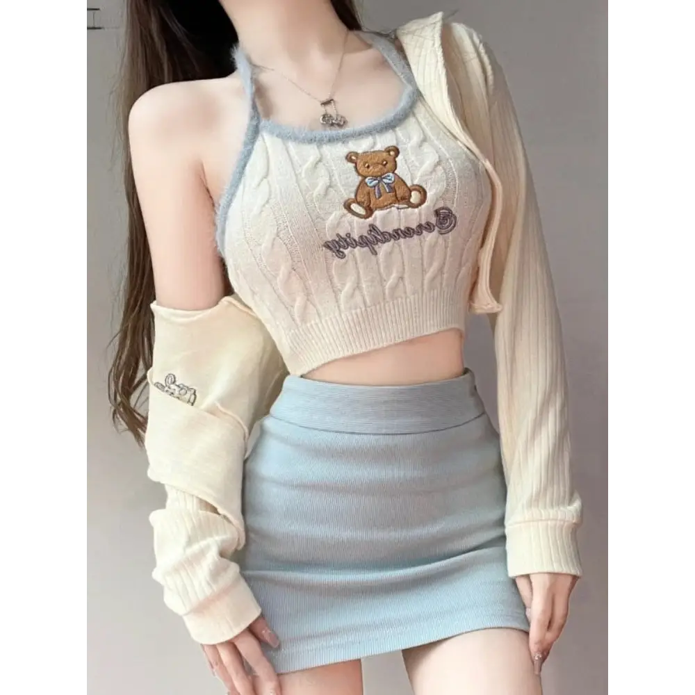 Knit Teddy Crop Top for Cute and Cozy Angelcore Fashion - shirt