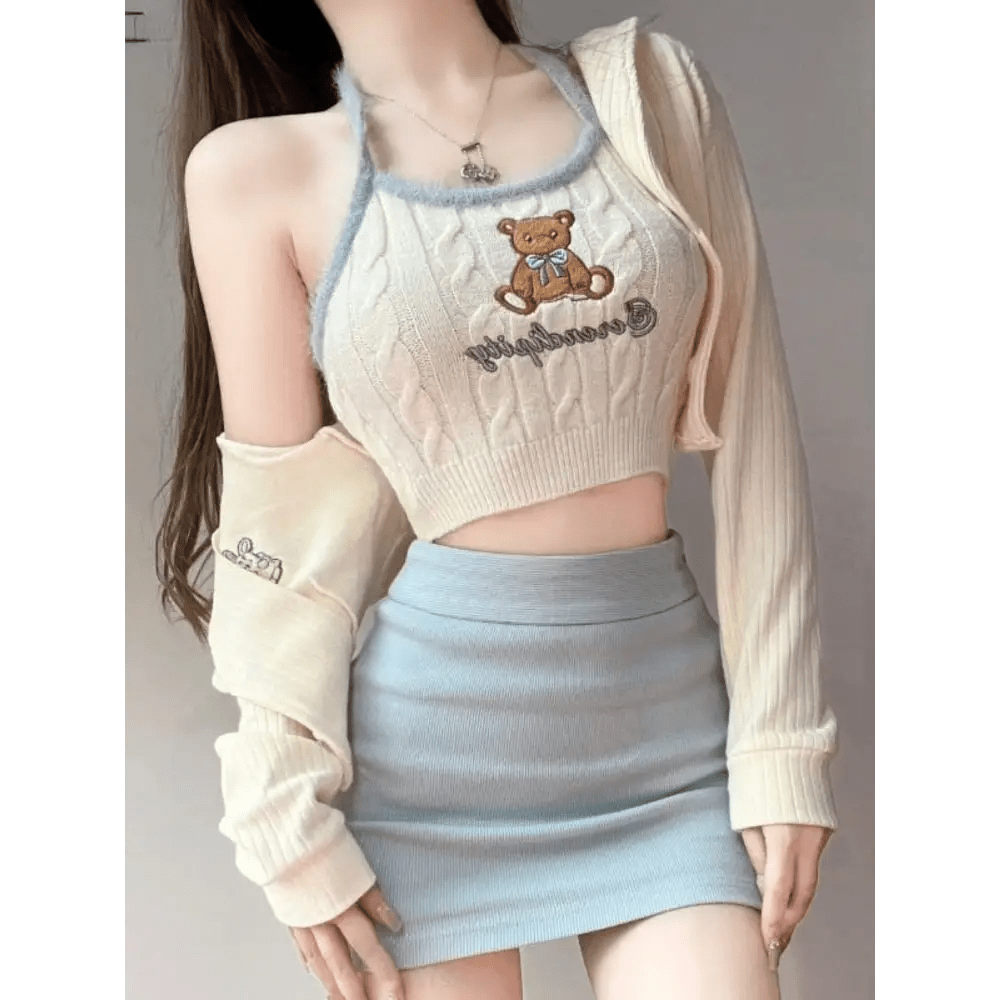 Knit Teddy Crop Top for Cute and Cozy Angelcore Fashion - Cosparty