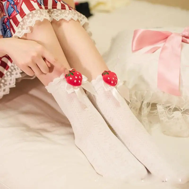 Lace Ankle-High Stockings with Strawberry Ribbon and Ruffle Top - socks