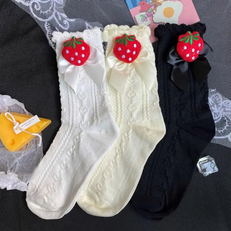 Lace Ankle-High Stockings with Strawberry Ribbon and Ruffle Top - socks