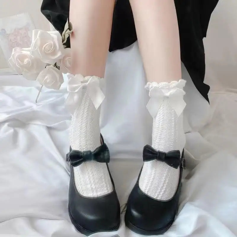 Lace Ankle-High Stockings with Strawberry Ribbon and Ruffle Top - socks