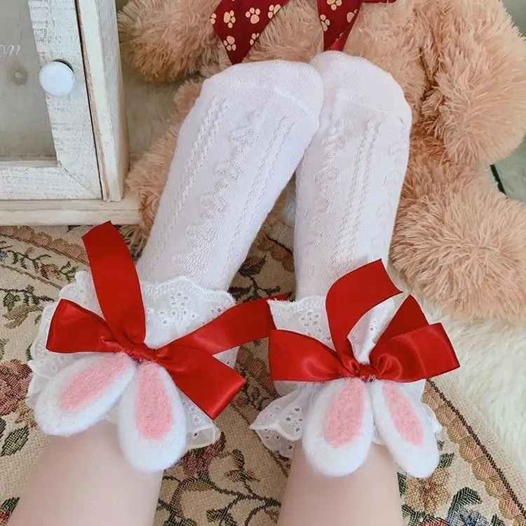 Lace Bunny Ear Lolita Stockings with Ruffles and Removable Ears - Cosparty
