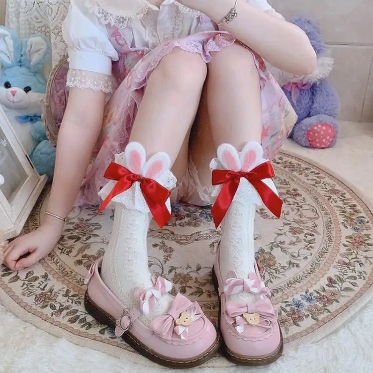Lace Bunny Ear Lolita Stockings with Ruffles and Removable Ears - Cosparty