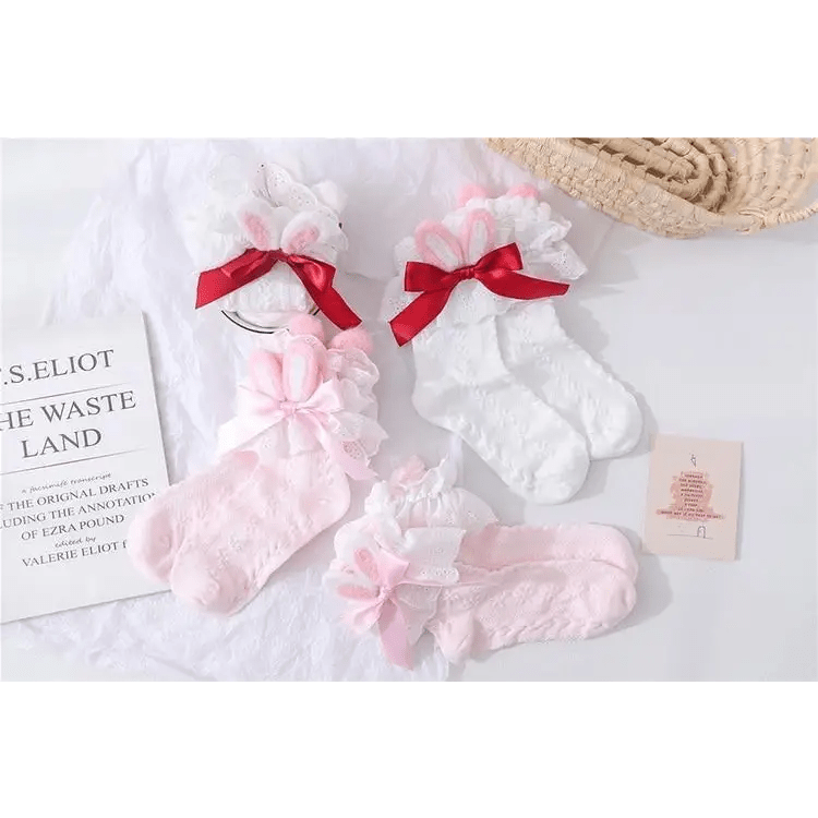 Lace Bunny Ear Lolita Stockings with Ruffles and Removable Ears - Cosparty
