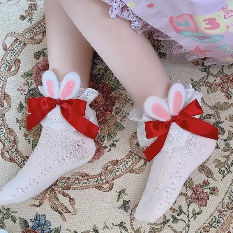 Lace Bunny Ear Lolita Stockings with Ruffles and Removable Ears - Cosparty