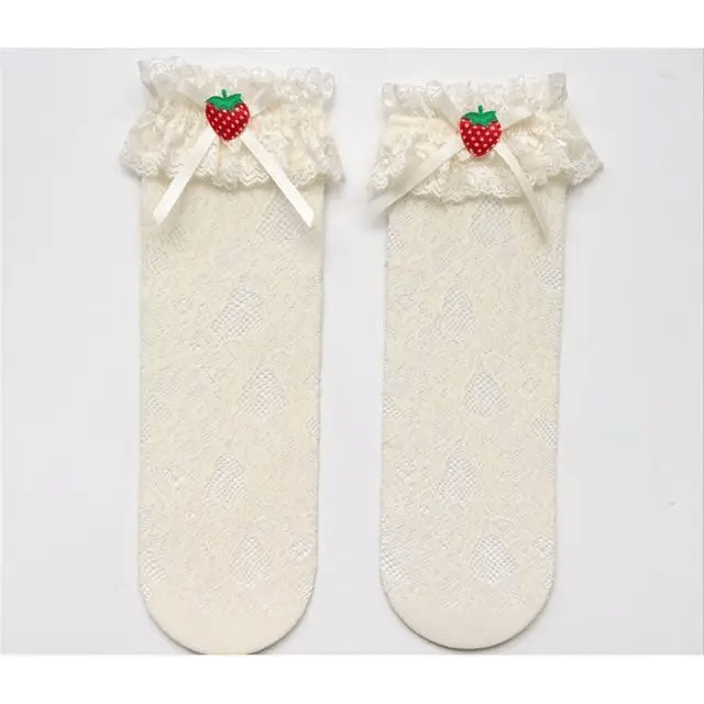 Lace Knee - High Stockings with Ruffles and Strawberry Silk Ribbon - Cosparty